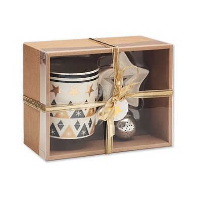 Cup, plate, and filter in box