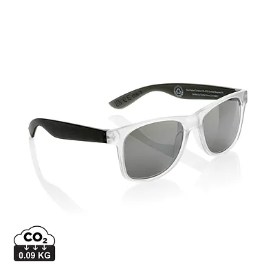 Sunglasses with mirror lenses made from recycled PC Gleam RCS