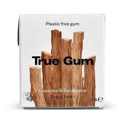 Sugar-free chewing gum with licorice and eucalyptus flavor.